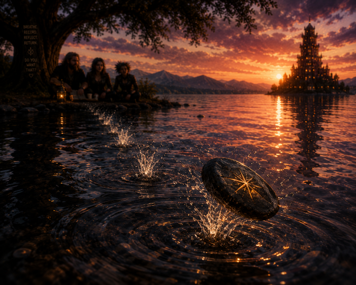 Skipping stones across the lake toward the Tower at sunset.
